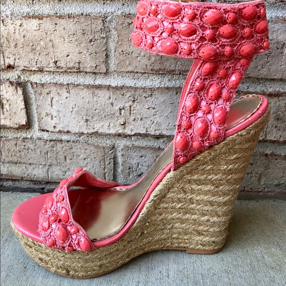 Pink and tan high wedge Bebe heel
